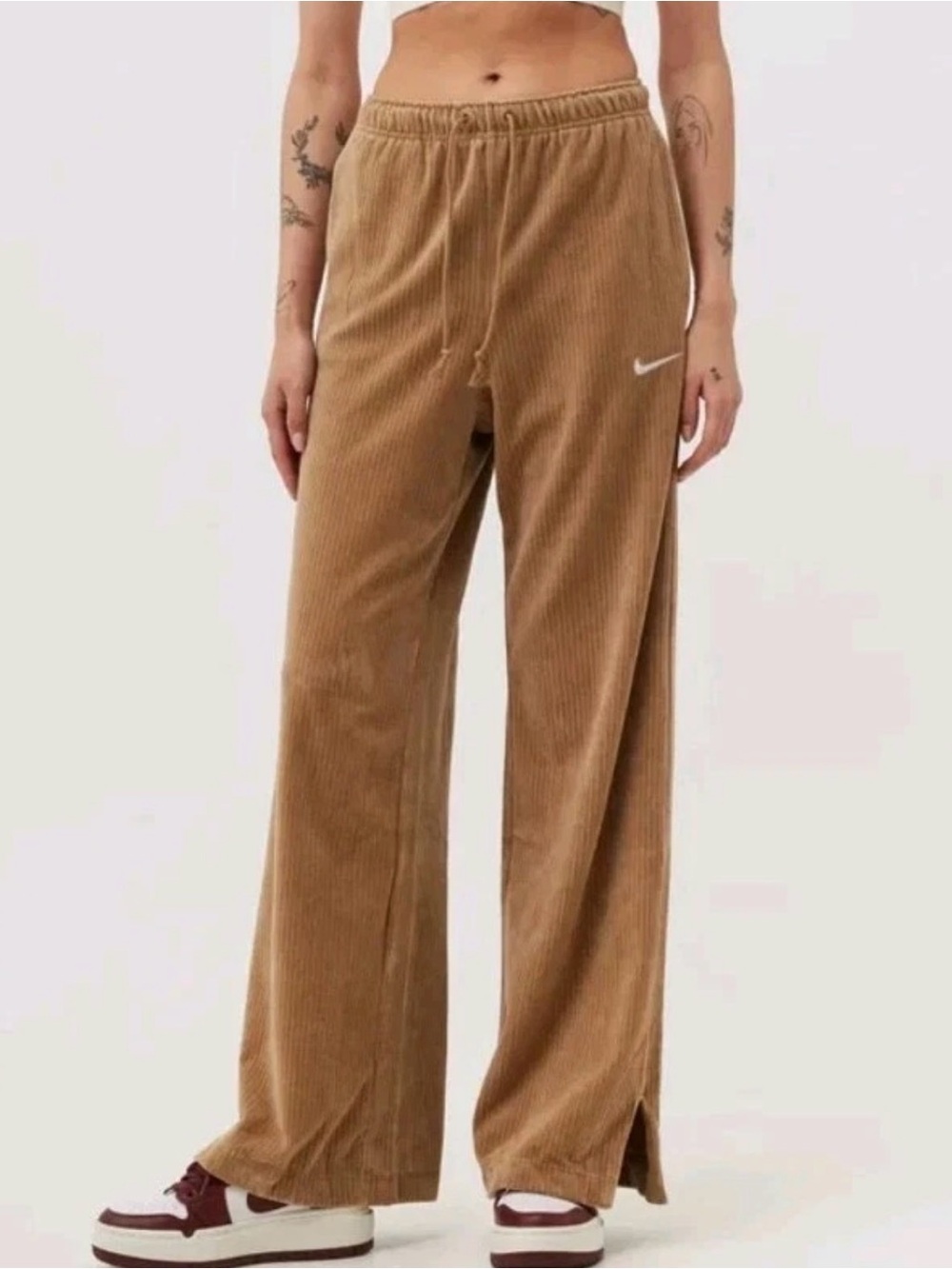 Nike Womens Tan Velour Corduroy Wide Leg Ribbed athleisure Track Pants Size XXL